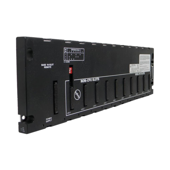 GE IC693CHS393 10-slot remote I/O baseplate with power supply slot for Series 90-30 PLCs, ideal for distributed expansion systems.