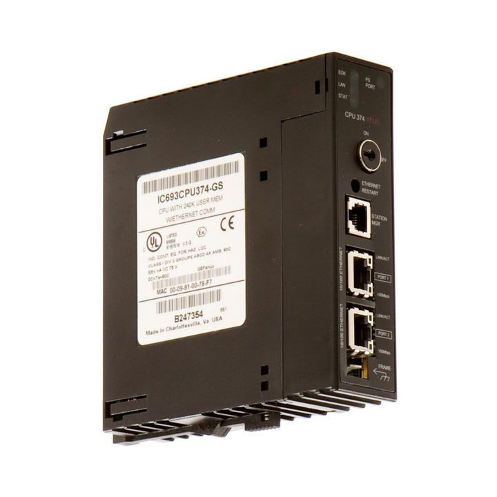 GE IC693CPU374 Series 90-30 CPU with 1MB memory, Ethernet, RS-232, floating point support, and real-time clock for advanced automation.