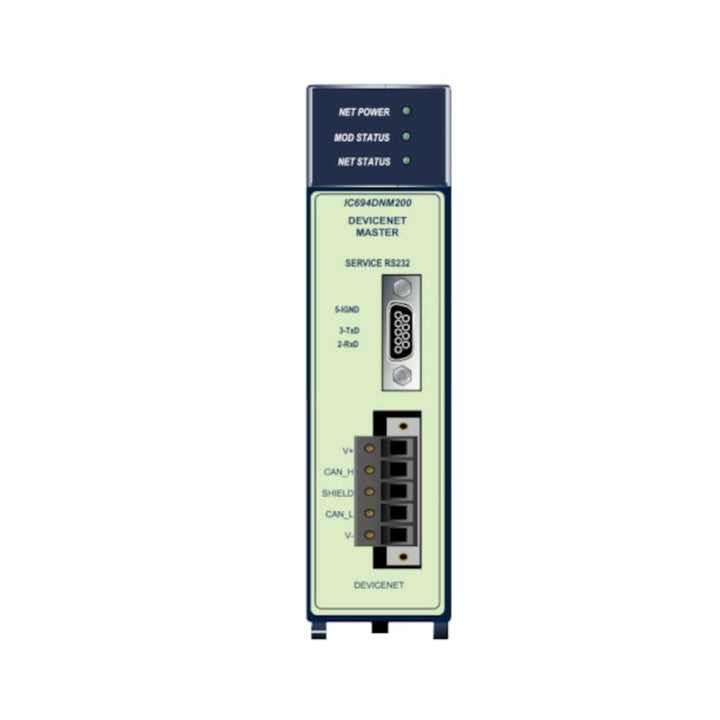 GE IC693DNM200 DeviceNet Master module for Series 90-30, ODVA compliant, supports up to 63 slave devices, industrial fieldbus integration.
