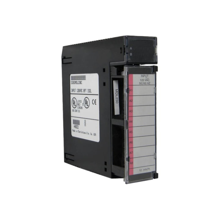 GE IC693MDL230 16-point discrete input module, 120VAC, for Series 90-30 PLCs, with positive logic and LED status indicators.