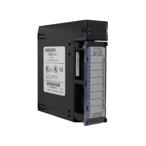 GE IC693MDL731 8-point relay output module for Series 90-30, Form A contacts, 2A AC/DC switching, with LED indicators.