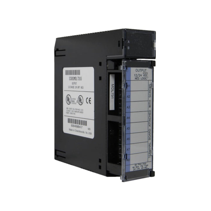 GE IC693MDL731 8-point relay output module for Series 90-30, Form A contacts, 2A AC/DC switching, with LED indicators.