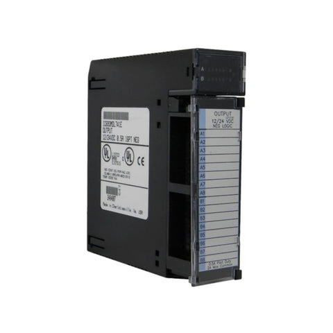 GE IC693MDL741 16-point 12/24VDC sourcing output module for Series 90-30, with LED status indicators and short-circuit protection.