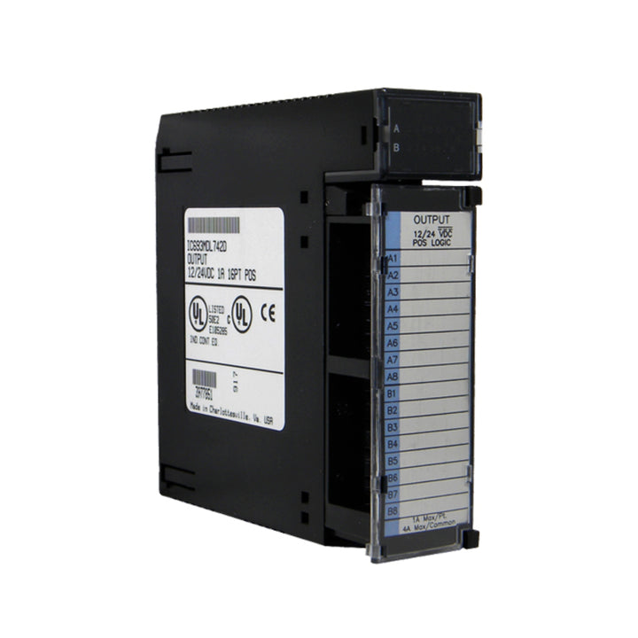 GE IC693MDL742 16-point 12/24VDC sourcing output module for Series 90-30 PLCs, with LED indicators and built-in protection.