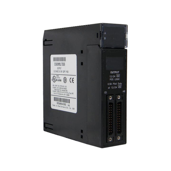 GE IC693MDL753 32-point 12/24VDC discrete output module for Series 90-30 PLCs. Sinking outputs (negative logic) with LED indicators. Ships worldwide.