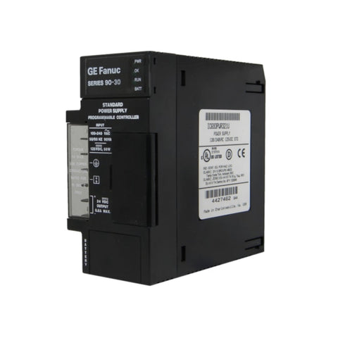 GE IC693PWR321 30W power supply for Series 90-30, accepts 120/240VAC or 125VDC, provides +5V and +24V outputs.