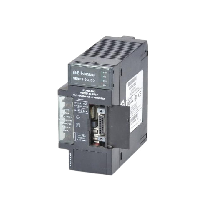 GE IC693PWR330 60W power supply for Series 90-30 PLCs, 120/240VAC or 125VDC input with battery backup port.