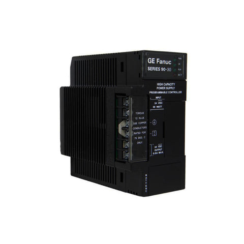 GE IC693PWR331 30W power supply for Series 90-30 PLCs, AC/DC input, with battery backup port and standard output voltages.