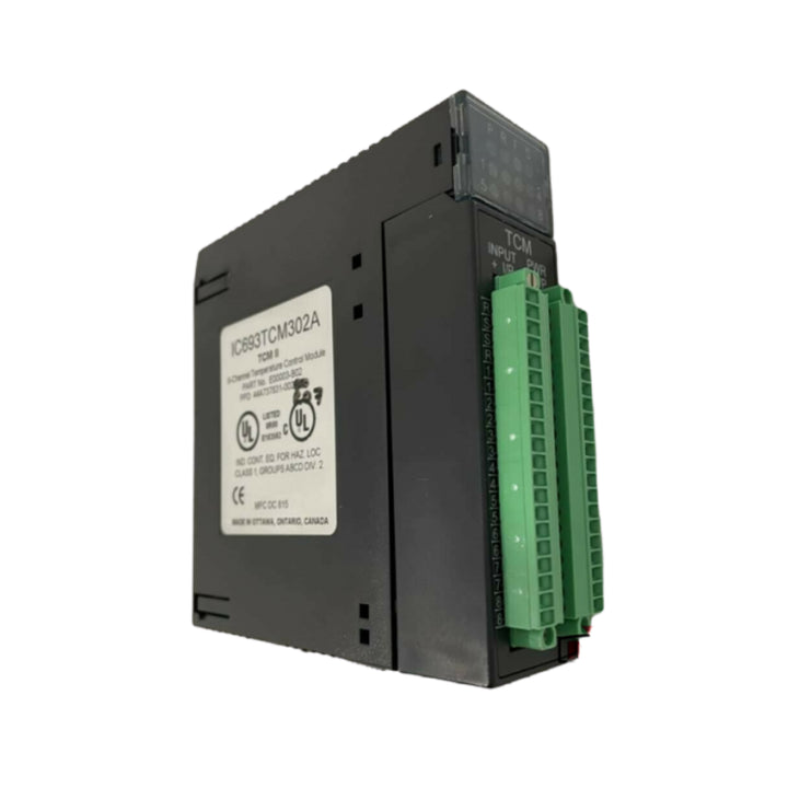 GE IC693TCM302 thermocouple input module for Series 90-30, 2 channels, supports J, K, T, R, S types, 16-bit resolution.