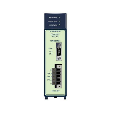 GE IC694DNM200 DeviceNet master module for RX3i, supports up to 63 slave devices, 125–500 Kbps baud rates, with network diagnostics.