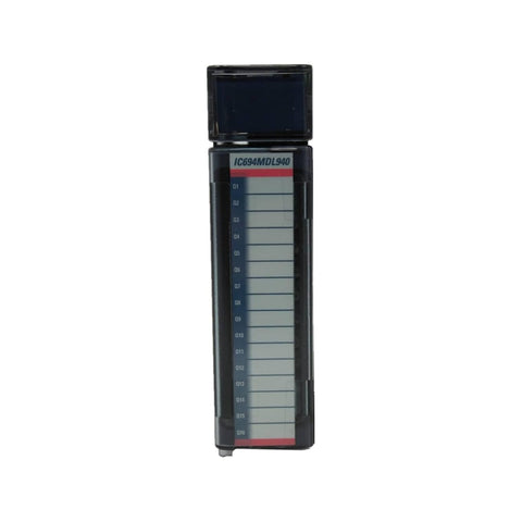 GE IC694MDL940 16-point relay output module for RX3i, AC/DC load switching, 2A rated, group-isolated with LED indicators.