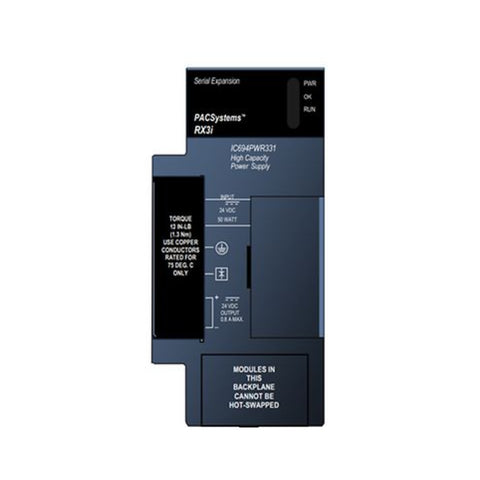 GE IC694PWR331 RX3i power supply, 30W output, 125VDC input, extended temperature range for industrial environments.