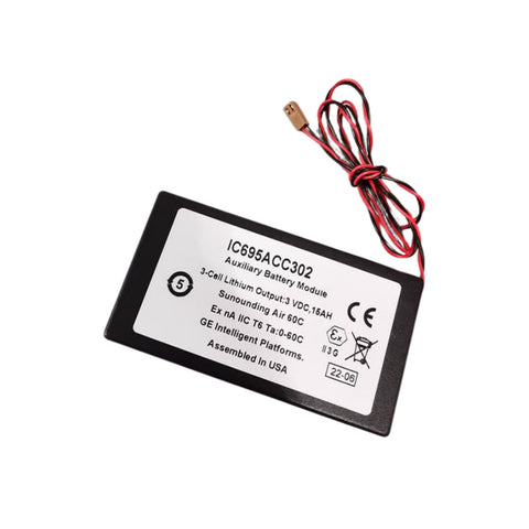 GE IC695ACC302 high-capacity lithium battery pack for RX3i CPUs and memory, extended backup for data retention.