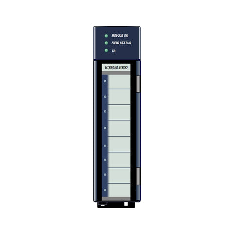 GE IC695ALG600 8-channel analog voltage input module for RX3i, supports ±10V, 0–10V, 0–5V, 1–5V, with 16-bit resolution.