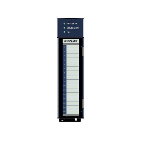 GE IC695ALG616 analog output module, 8 channels, voltage/current output, 15-bit resolution for RX3i PACSystems.