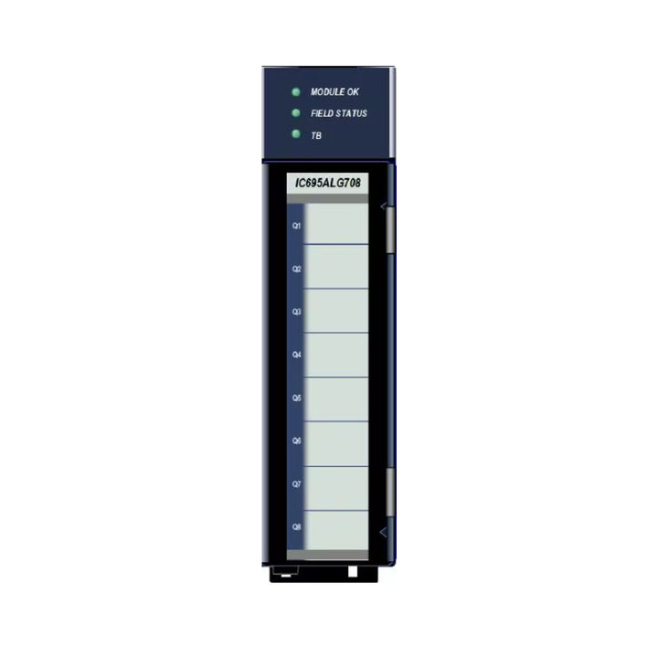 GE IC695ALG708 8-channel analog input module for RX3i, isolated voltage/current inputs with 16-bit resolution and diagnostics.