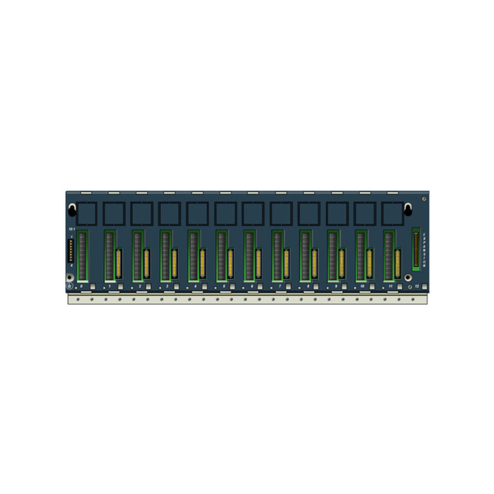 GE IC695CHS012 12-slot RX3i universal backplane for PACSystems, supports CPU, I/O, power, and comm modules.