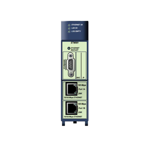 GE IC695ETM001 RX3i Ethernet module with dual RJ-45 ports, TCP/IP and SRTP protocol support, for industrial networking.