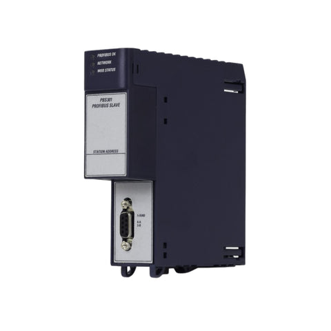 GE IC695PBS301 PROFIBUS DP slave module for RX3i, integrates I/O with PROFIBUS master devices in industrial fieldbus networks.