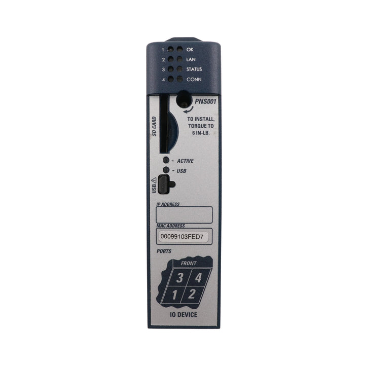 GE IC695PNS001 PROFINET scanner module for RX3i, I/O device communication over Ethernet, dual-port real-time PROFINET slave adapter.