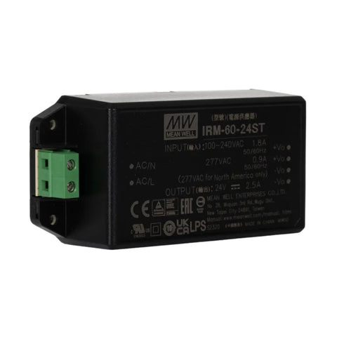 Mean Well IRM-60-24ST board mount power supply, 60 W, 24 V DC, 2.5 A, compact encapsulated design for industrial and embedded use.