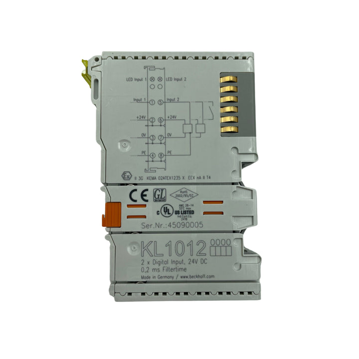 Beckhoff KL1012 digital input terminal, 2-channel, 24 V DC, compact solution for reliable binary signal acquisition.