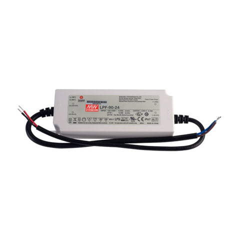 Mean Well LPF-90-24 LED driver, 90 W, 24 V DC, 3.75 A, IP67 waterproof constant voltage power supply for LED lighting.