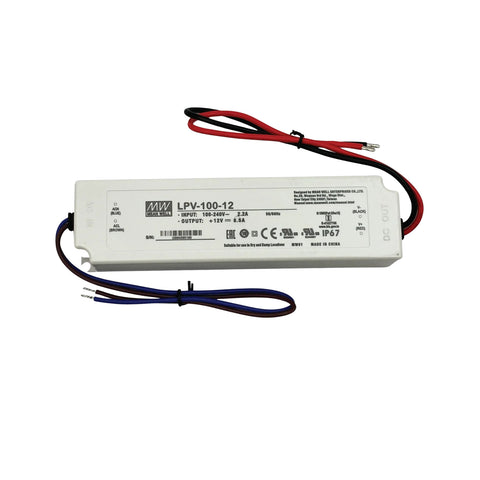 Mean Well LPV-100-12 LED driver, 100 W, 12 V DC, 8.5 A, IP67 waterproof for reliable outdoor and industrial LED lighting.