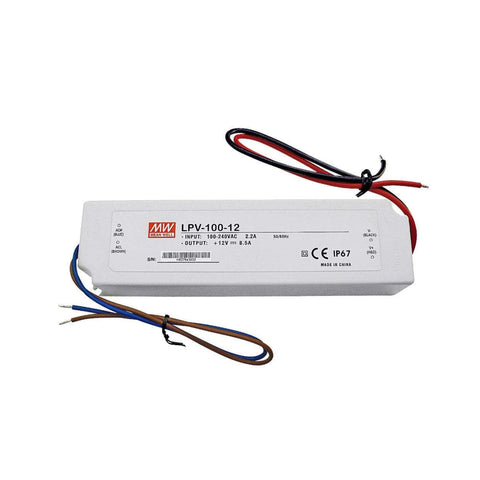 Mean Well LPV-100-24 LED driver power supply, 100 W, 24 V DC, 4.2 A, IP67 waterproof for LED lighting applications.