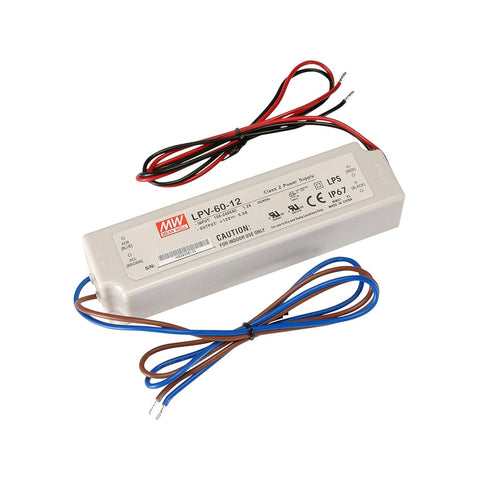 Mean Well LPV-60-12 LED driver power supply, 60 W, 12 V DC, 5 A, IP67 waterproof for LED lighting applications.