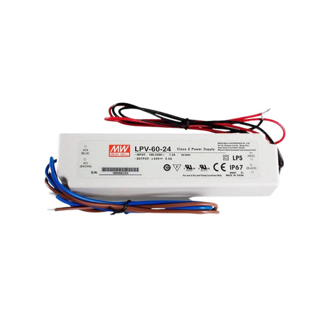 Mean Well LPV-60-24 LED driver power supply, 60 W, 24 V DC, 2.5 A, IP67 waterproof for reliable LED lighting and signage.
