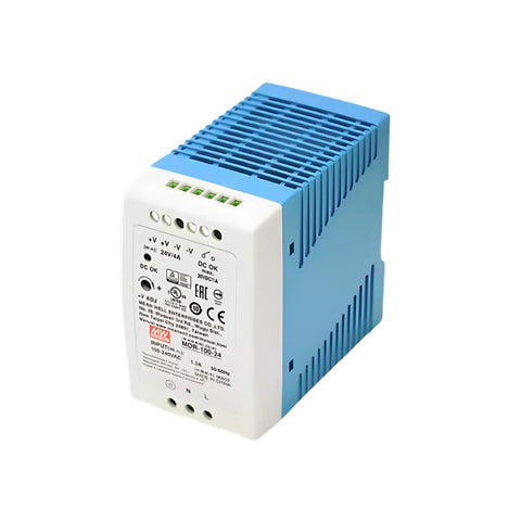 Mean Well MDR-100-24 DIN rail power supply, 96 W, 24 V DC, 4 A, slim and efficient for industrial automation applications.