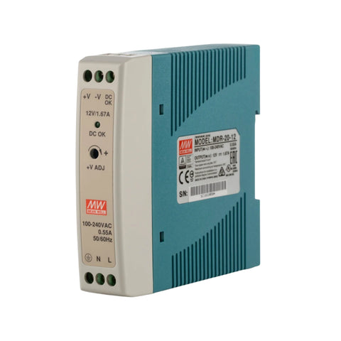 Mean Well MDR-20-12 DIN rail power supply, 20 W, 12 V DC, 1.67 A, slim and reliable for automation and control.