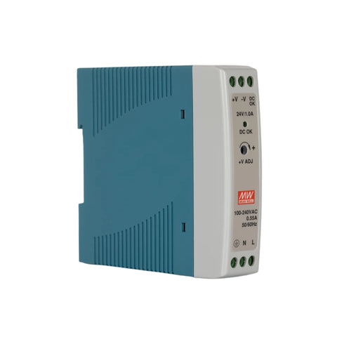 Mean Well MDR-20-24 DIN rail power supply, 20 W, 24 V DC, 1 A, slim compact design for industrial automation systems.
