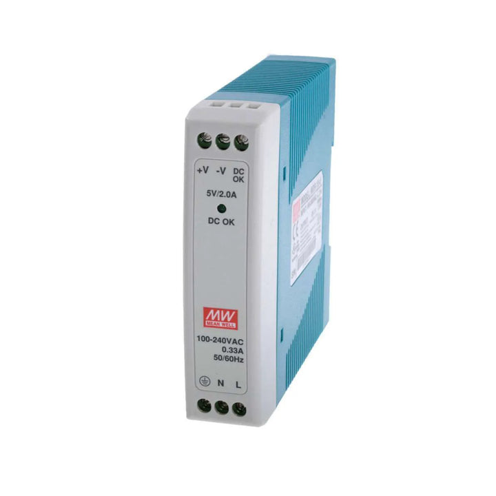 Mean Well MDR-20-5 DIN rail power supply, 20 W, 5 V DC, 3 A, compact and reliable for control panels and automation.