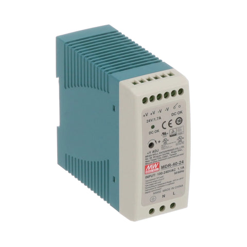Mean Well MDR-40-24 DIN rail power supply, 40 W, 24 V DC, 1.7 A, compact and efficient solution for industrial automation systems.