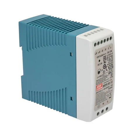 Mean Well MDR-60-12 DIN rail power supply, 60 W, 12 V DC, 5 A, compact and efficient for industrial and LED systems.