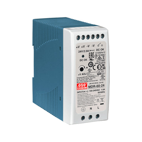 Mean Well MDR-60-24 DIN rail power supply, 60 W, 24 V DC, 2.5 A, slim and efficient for control panels.