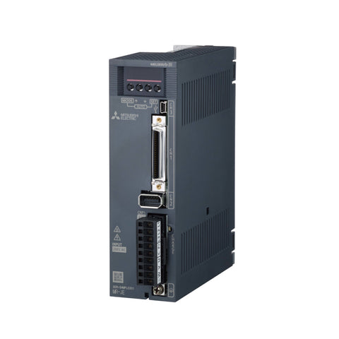 Mitsubishi MR-JE-100A servo amplifier, 1kW, 200V AC, SSCNET III/H network, MR-JE Series, compact and auto-tuned.