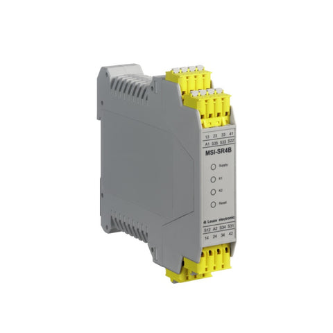 Leuze MSI‑SR4B‑02 safety relay with 3 NO outputs, 16‑pin spring terminals, and SIL 3 certification