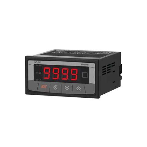 Autonics MT4W-DA-41 digital panel meter for DC voltage or current measurement with 4-digit LED display.