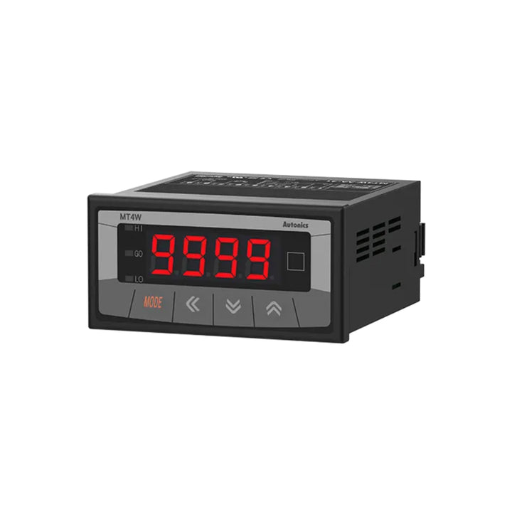 Autonics MT4W-DA-41 digital panel meter for DC voltage or current measurement with 4-digit LED display.