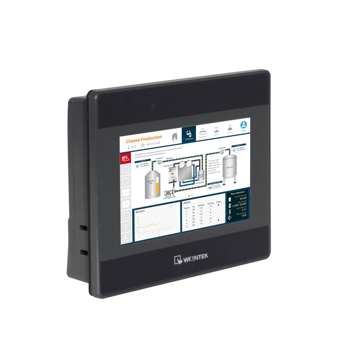 Weintek MT8051iP 4.3" HMI touchscreen panel with Ethernet and serial ports for industrial automation applications.