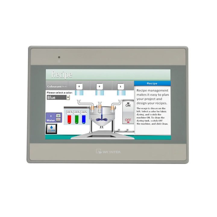 Weintek MT8071iE 7" HMI touchscreen panel with Ethernet and serial ports for industrial automation applications.