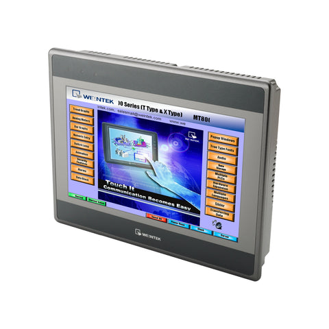 Weintek MT8100i HMI with 10" 800×480 TFT LCD, 24 V DC input, RS-232/RS-485, Ethernet, USB ports, and SD card slot for control panels.