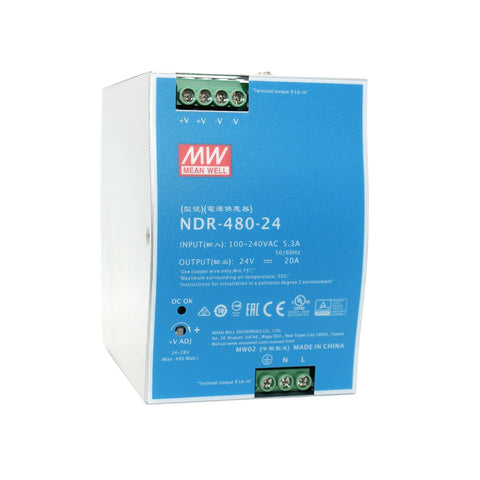 Mean Well NDR-480-24 DIN rail power supply, 480 W, 24 V DC, 20 A, high efficiency for industrial automation.