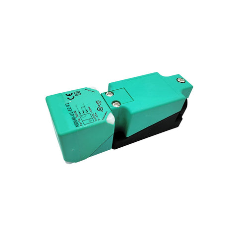 Pepperl+Fuchs NBN40-U1-E2-V1 inductive sensor, 40 mm range, M12 connector, PNP output, IP67-rated for industrial use.