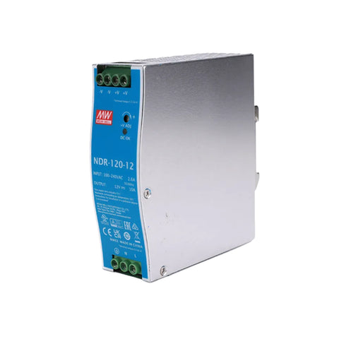 Mean Well NDR-120-12 DIN rail power supply, 120 W, 12 V DC, 10 A, compact and reliable for industrial applications.