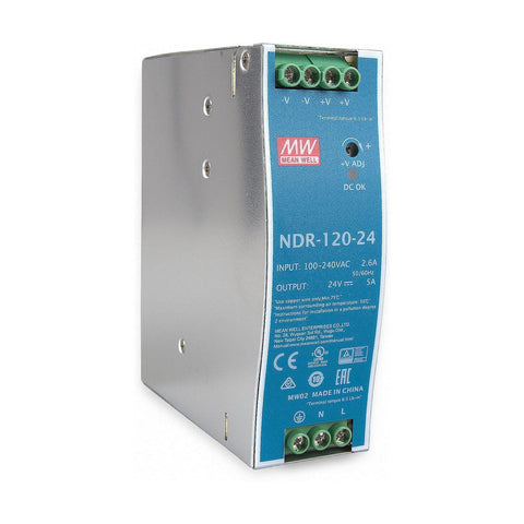 Mean Well NDR-120-24 DIN rail power supply, 120 W, 24 V DC, 5 A, compact and efficient for industrial automation.