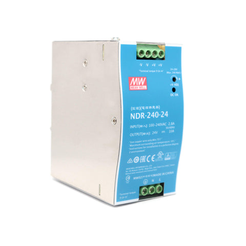 Mean Well NDR-240-24 DIN rail power supply, 240 W, 24 V DC, 10 A, efficient and durable for industrial automation.